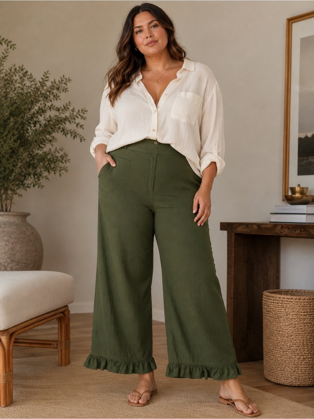 Maeve The Collette Olive Green Wide-Leg Ruffle Hem Pants- Size 33